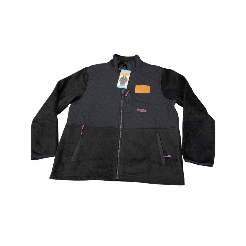 Eddie Bauer Womens Mixed‎ Media Fleece Jacket Black Quilted Full Zip L CO LOGO
